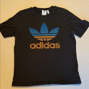 Adidas Black Tee with Striped Blue and Orange Logo